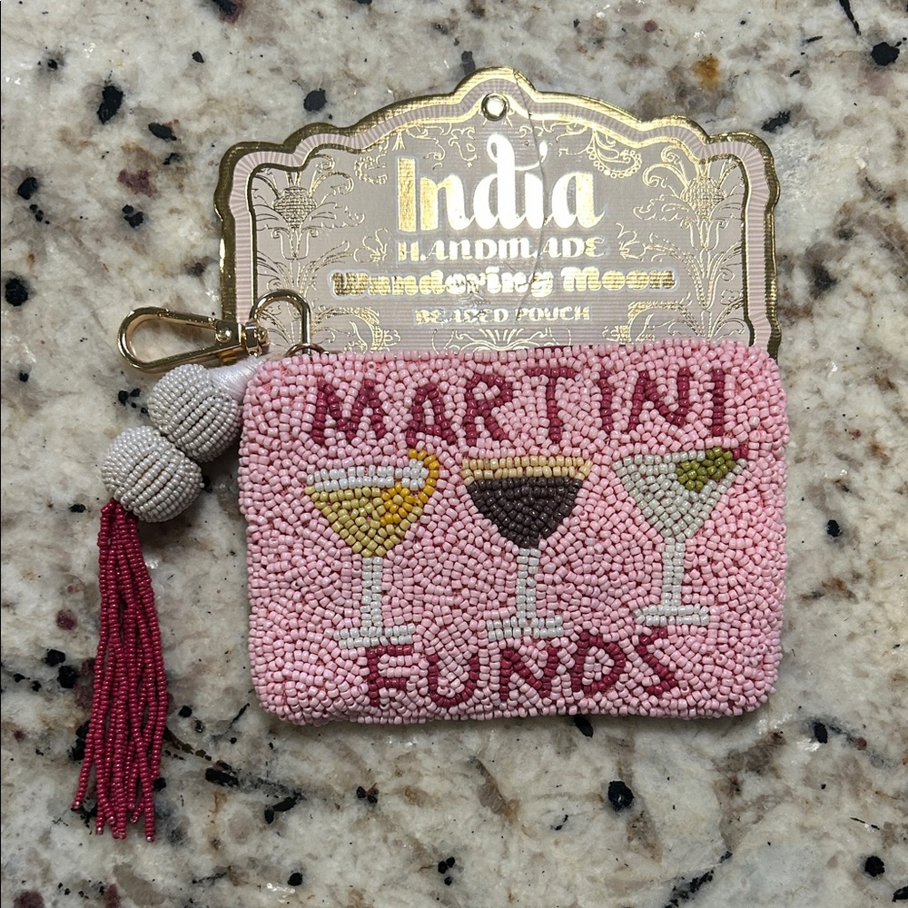 Wandering Moon Martini Funds Pink Beaded Coin Pouch